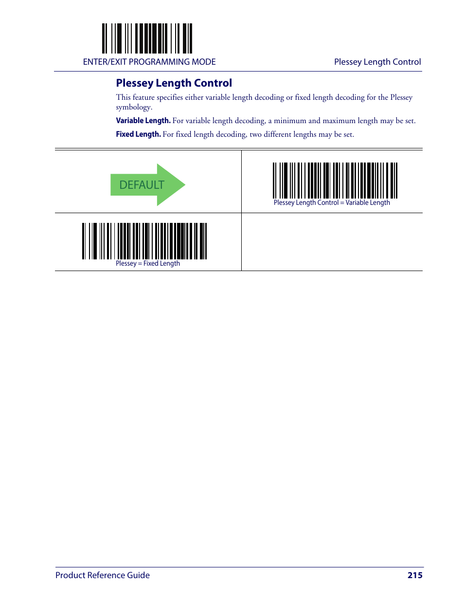 Plessey length control, Default | Wasp Barcode WLS9600 Product Reference Guide User Manual | Page 225 / 306