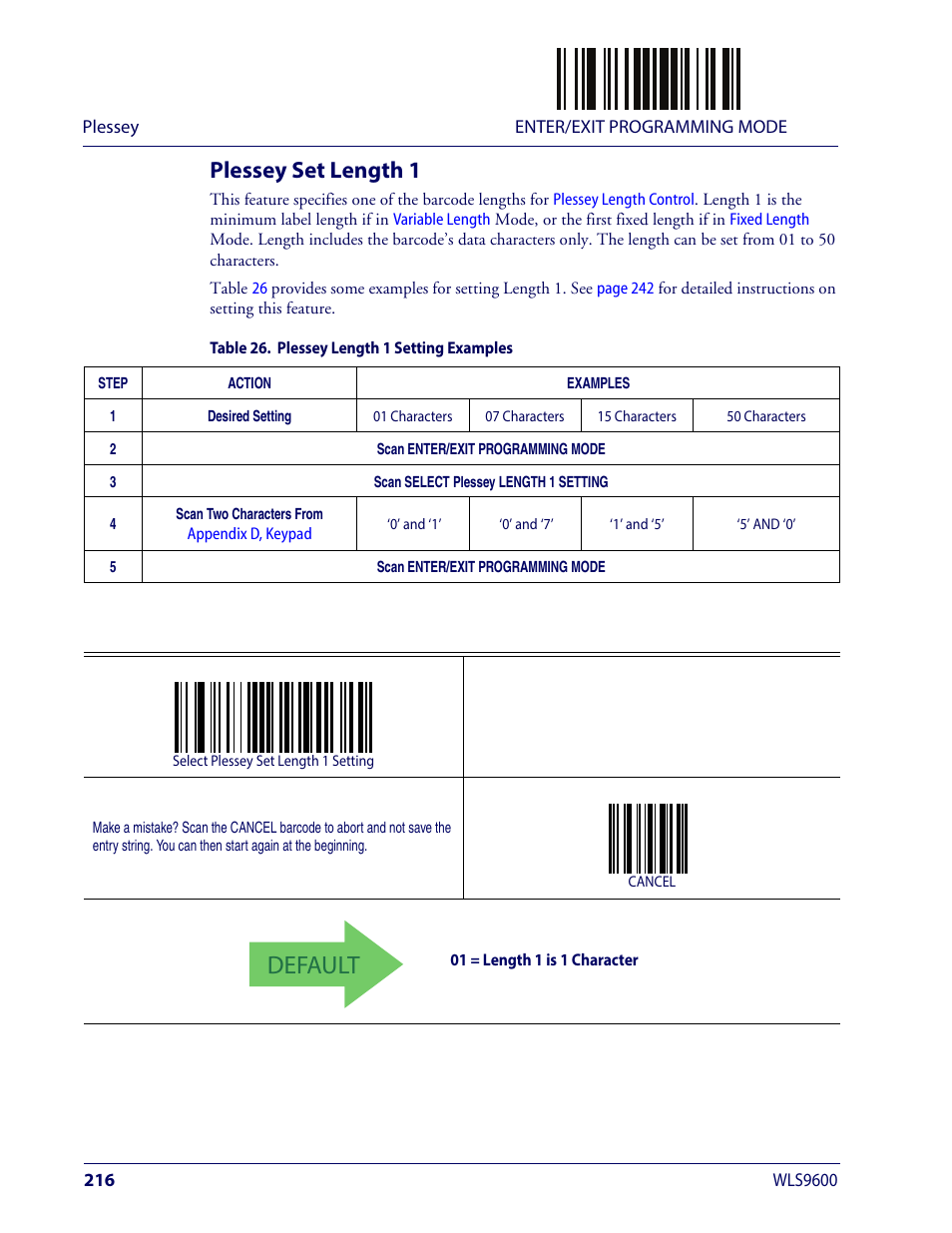 Plessey set length 1, Default | Wasp Barcode WLS9600 Product Reference Guide User Manual | Page 226 / 306