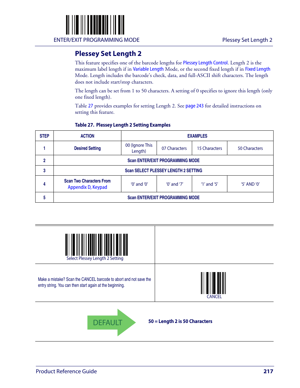 Plessey set length 2, Default | Wasp Barcode WLS9600 Product Reference Guide User Manual | Page 227 / 306