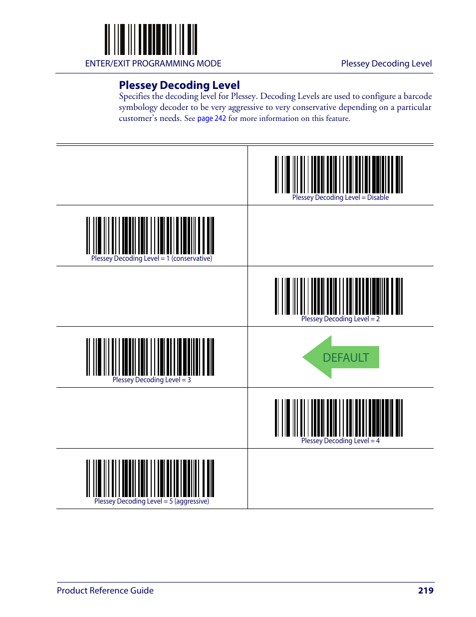 Plessey decoding level, Default | Wasp Barcode WLS9600 Product Reference Guide User Manual | Page 229 / 306