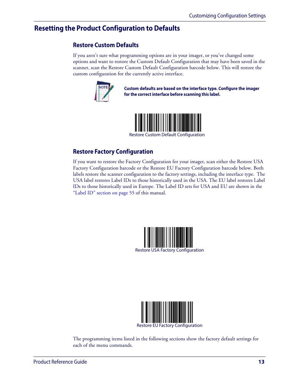Resetting the product configuration to defaults, Require only | Wasp Barcode WLS9600 Product Reference Guide User Manual | Page 23 / 306