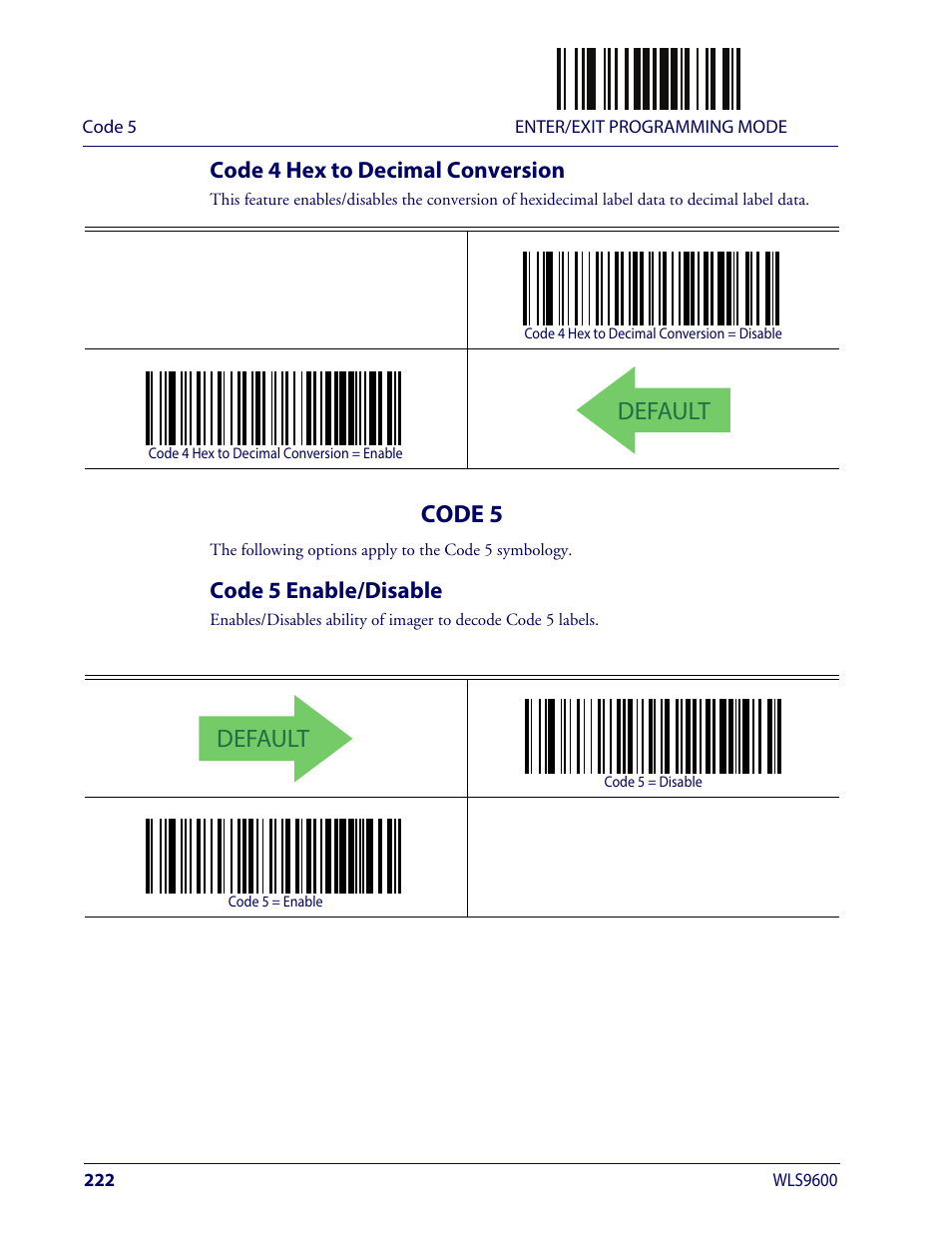 Code 4 hex to decimal conversion, Code 5, Code 5 enable/disable | Default | Wasp Barcode WLS9600 Product Reference Guide User Manual | Page 232 / 306