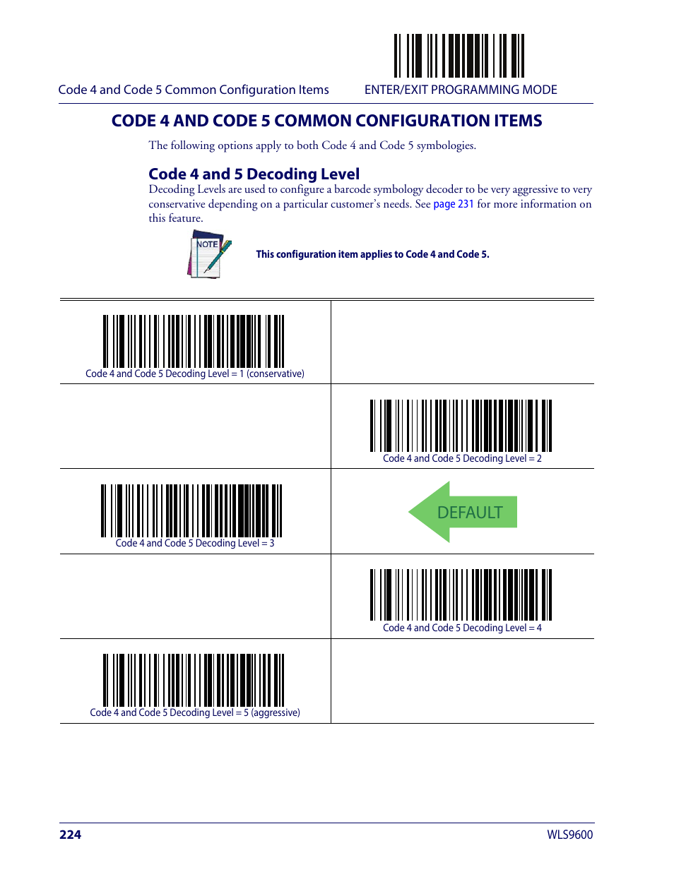 Code 4 and code 5 common configuration items, Code 4 and 5 decoding level, Default | Wasp Barcode WLS9600 Product Reference Guide User Manual | Page 234 / 306