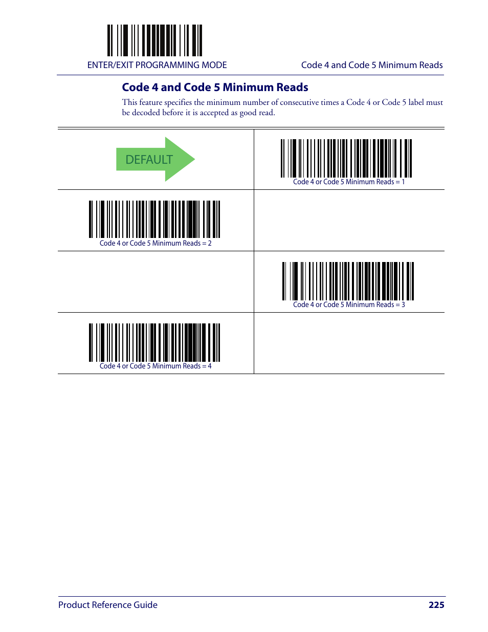 Code 4 and code 5 minimum reads, Default | Wasp Barcode WLS9600 Product Reference Guide User Manual | Page 235 / 306