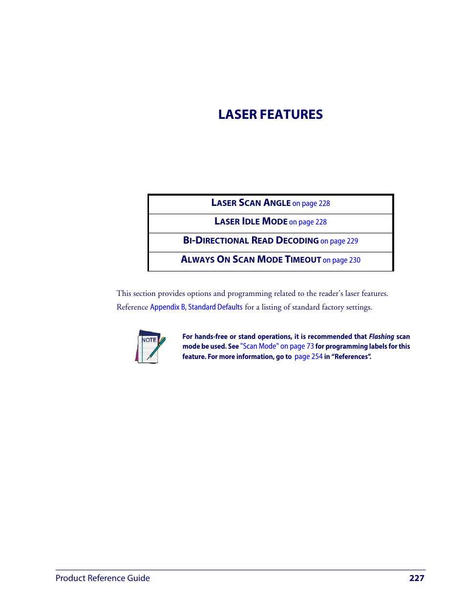 Laser features, Chapter 4, laser features, Describes options and | Wasp Barcode WLS9600 Product Reference Guide User Manual | Page 237 / 306