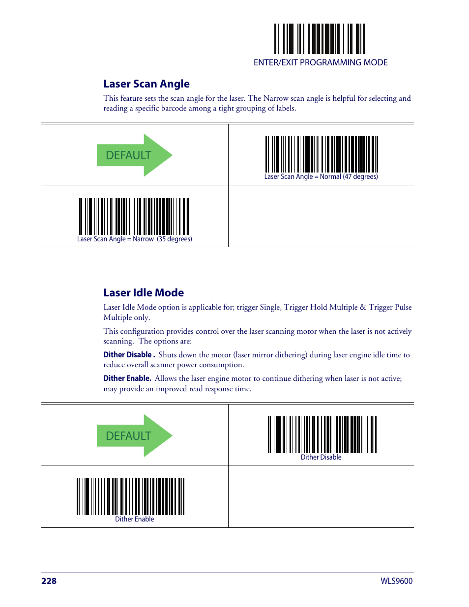 Laser scan angle, Laser idle mode, Laser scan angle laser idle mode | Aser, Ngle, Default | Wasp Barcode WLS9600 Product Reference Guide User Manual | Page 238 / 306