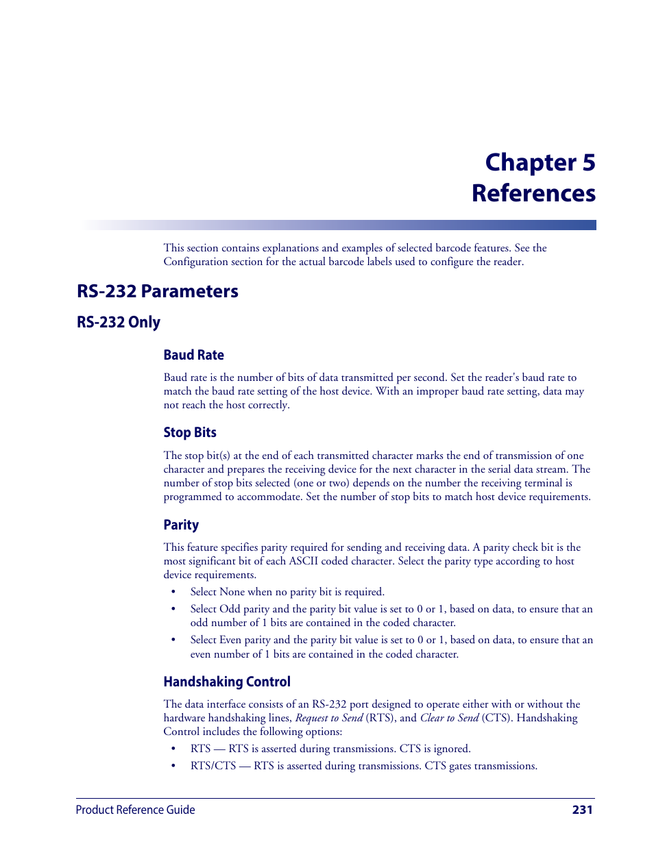 References, Rs-232 parameters, Rs-232 only | Chapter 5, references, Provides background information, Chapter 5 references | Wasp Barcode WLS9600 Product Reference Guide User Manual | Page 241 / 306