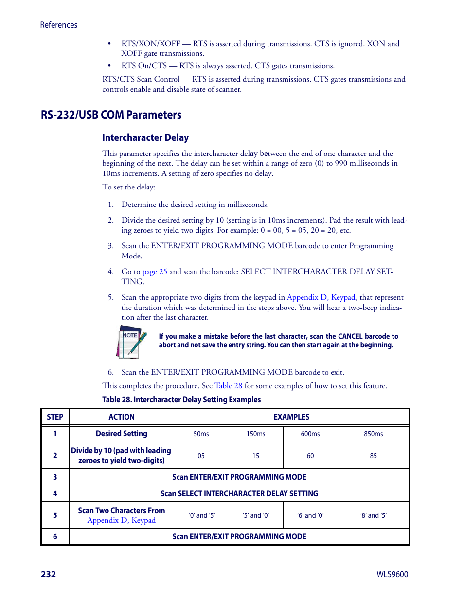 Rs-232/usb com parameters, Intercharacter delay | Wasp Barcode WLS9600 Product Reference Guide User Manual | Page 242 / 306