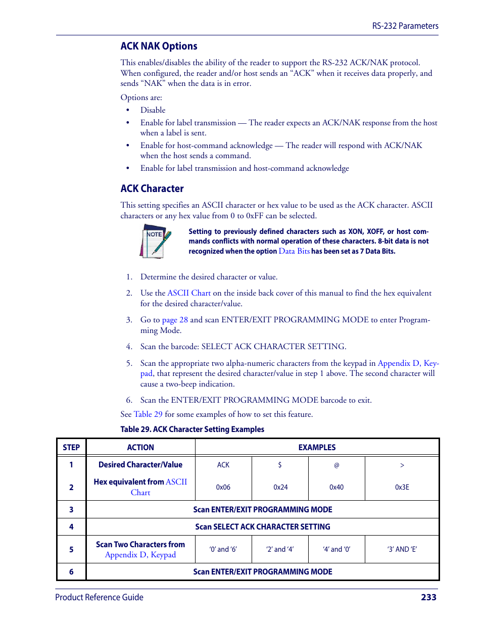 Ack nak options, Ack character | Wasp Barcode WLS9600 Product Reference Guide User Manual | Page 243 / 306