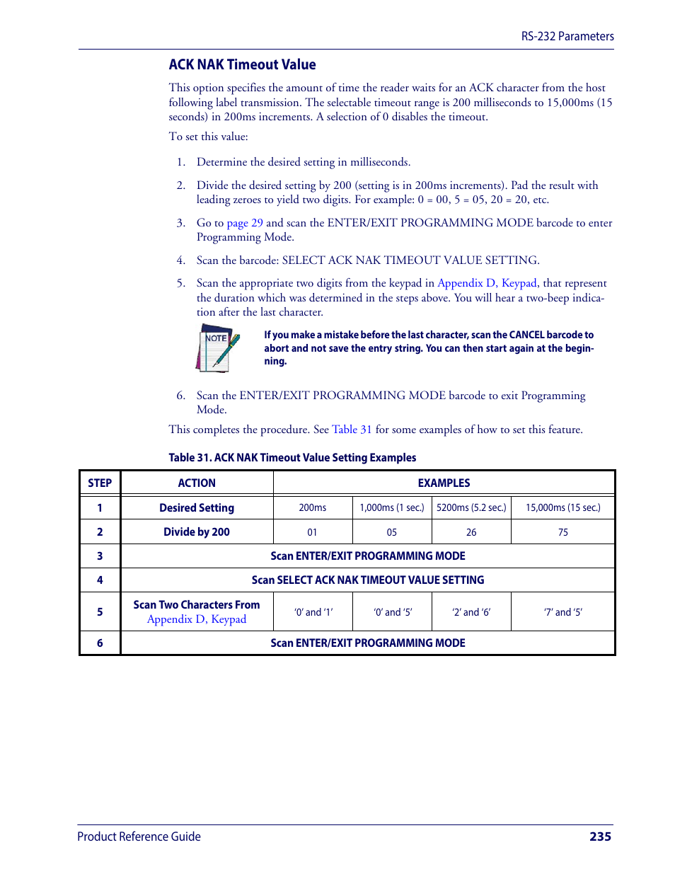 Ack nak timeout value | Wasp Barcode WLS9600 Product Reference Guide User Manual | Page 245 / 306