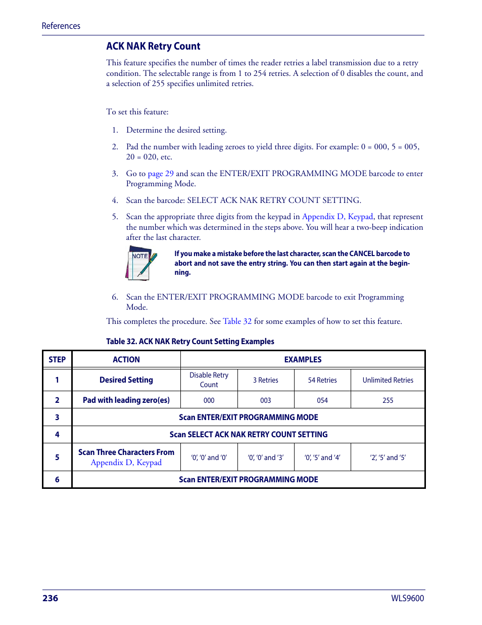 Ted retries. see, For more information, Ack nak retry count | Wasp Barcode WLS9600 Product Reference Guide User Manual | Page 246 / 306