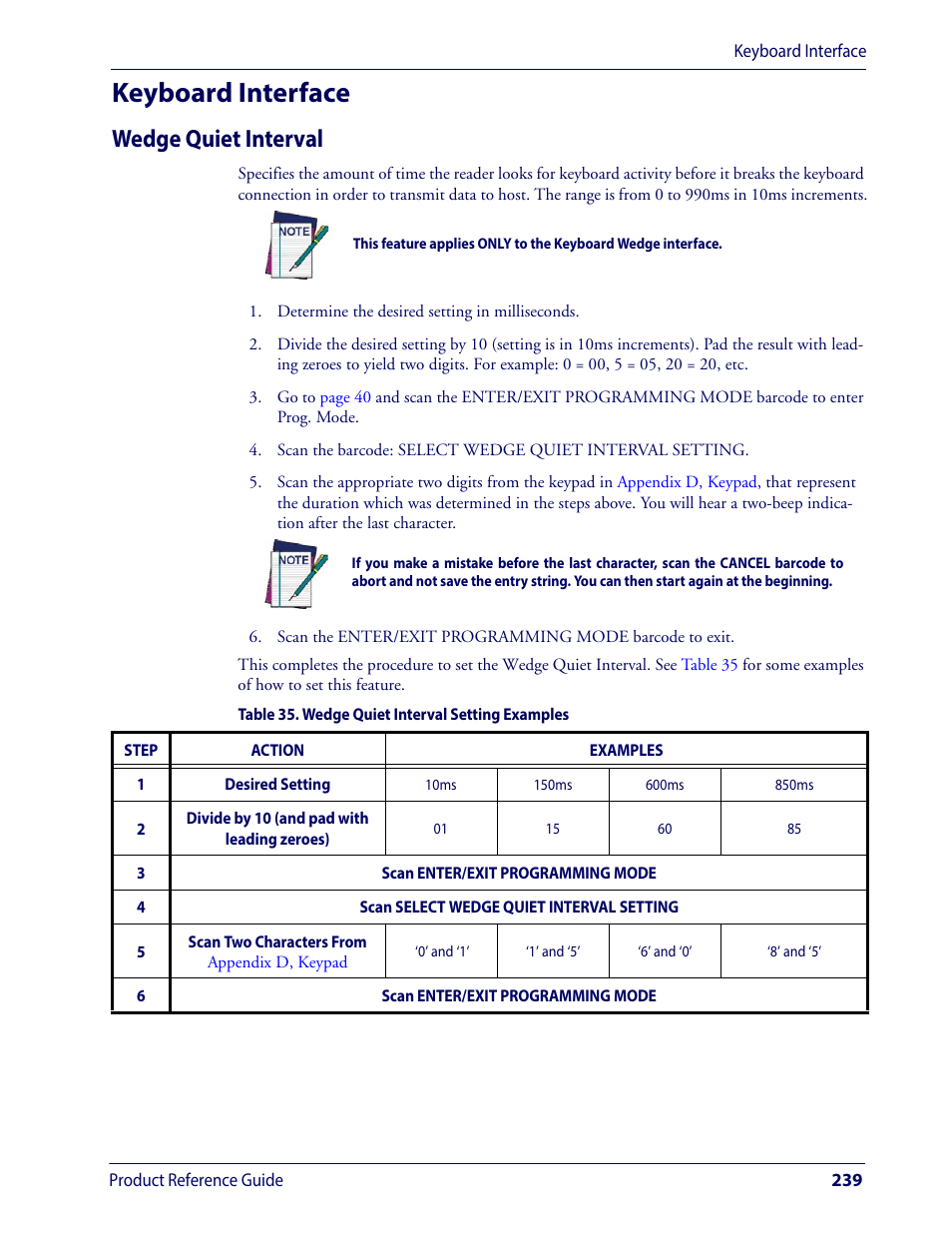 Keyboard interface, Wedge quiet interval | Wasp Barcode WLS9600 Product Reference Guide User Manual | Page 249 / 306