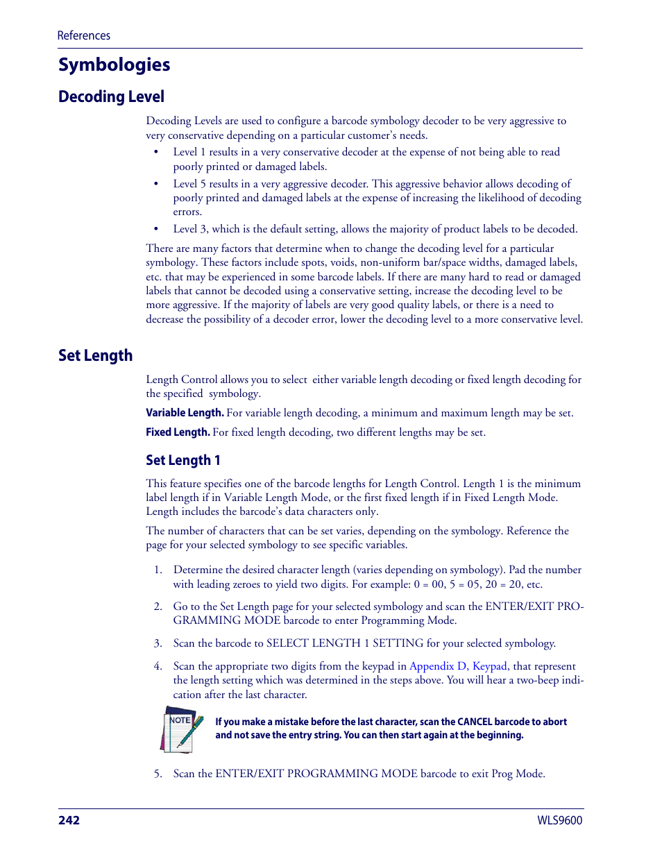 Symbologies, Decoding level, Set length | Decoding level set length, For detailed, Variable length, Mode, or the first fixed length if in, Fixed length, Maximum label length if in, Mode, or | Wasp Barcode WLS9600 Product Reference Guide User Manual | Page 252 / 306