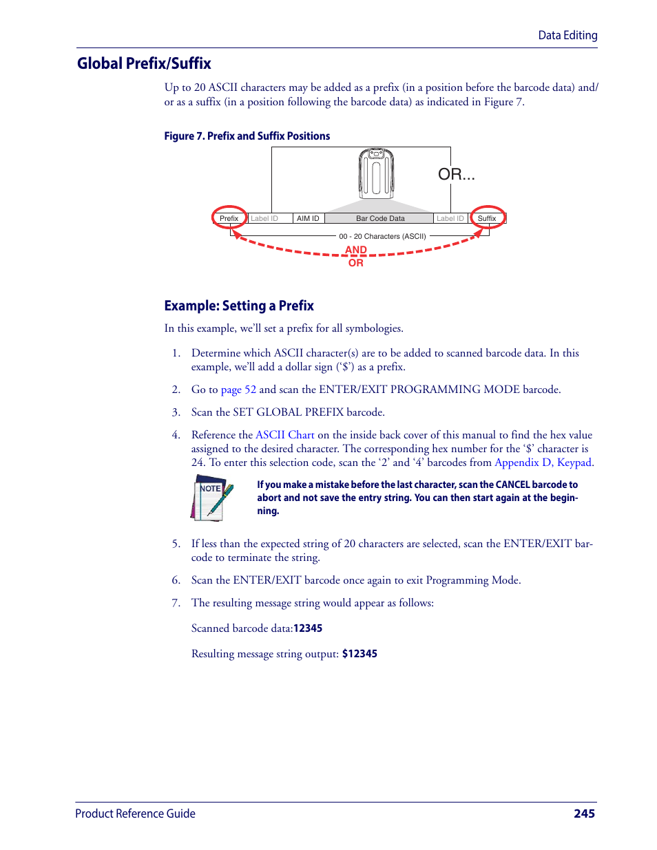 Global prefix/suffix, Example: setting a prefix | Wasp Barcode WLS9600 Product Reference Guide User Manual | Page 255 / 306