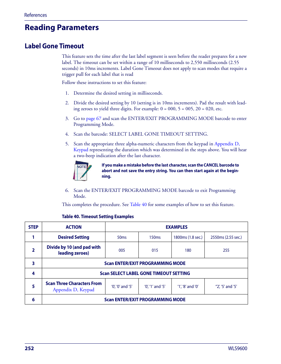 Reading parameters, Label gone timeout, Read. see | Wasp Barcode WLS9600 Product Reference Guide User Manual | Page 262 / 306