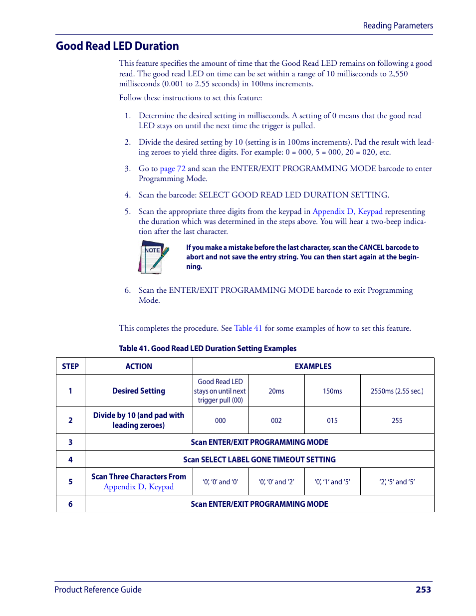 Good read led duration | Wasp Barcode WLS9600 Product Reference Guide User Manual | Page 263 / 306