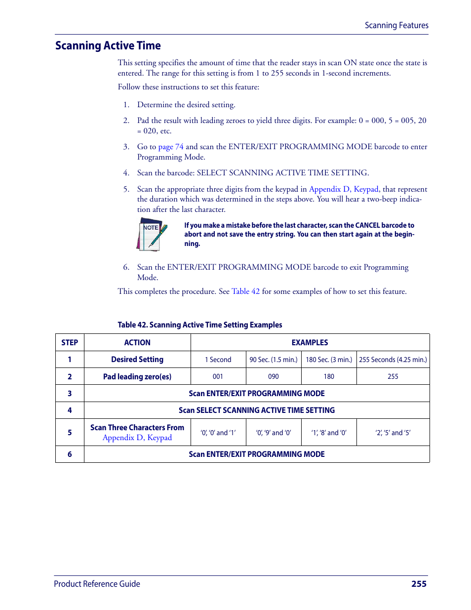 Scanning active time, Has el, Ased or | Wasp Barcode WLS9600 Product Reference Guide User Manual | Page 265 / 306