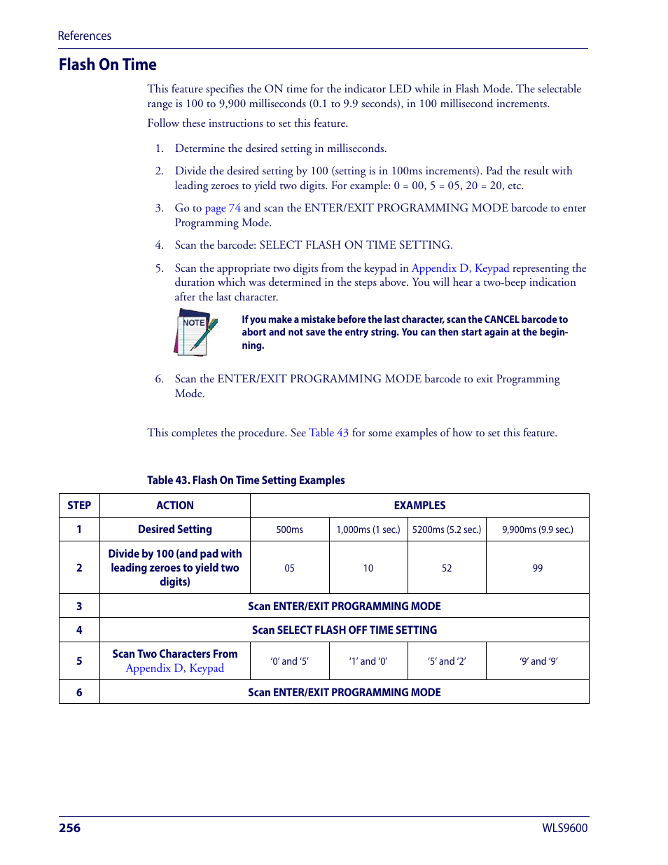 Flash on time | Wasp Barcode WLS9600 Product Reference Guide User Manual | Page 266 / 306