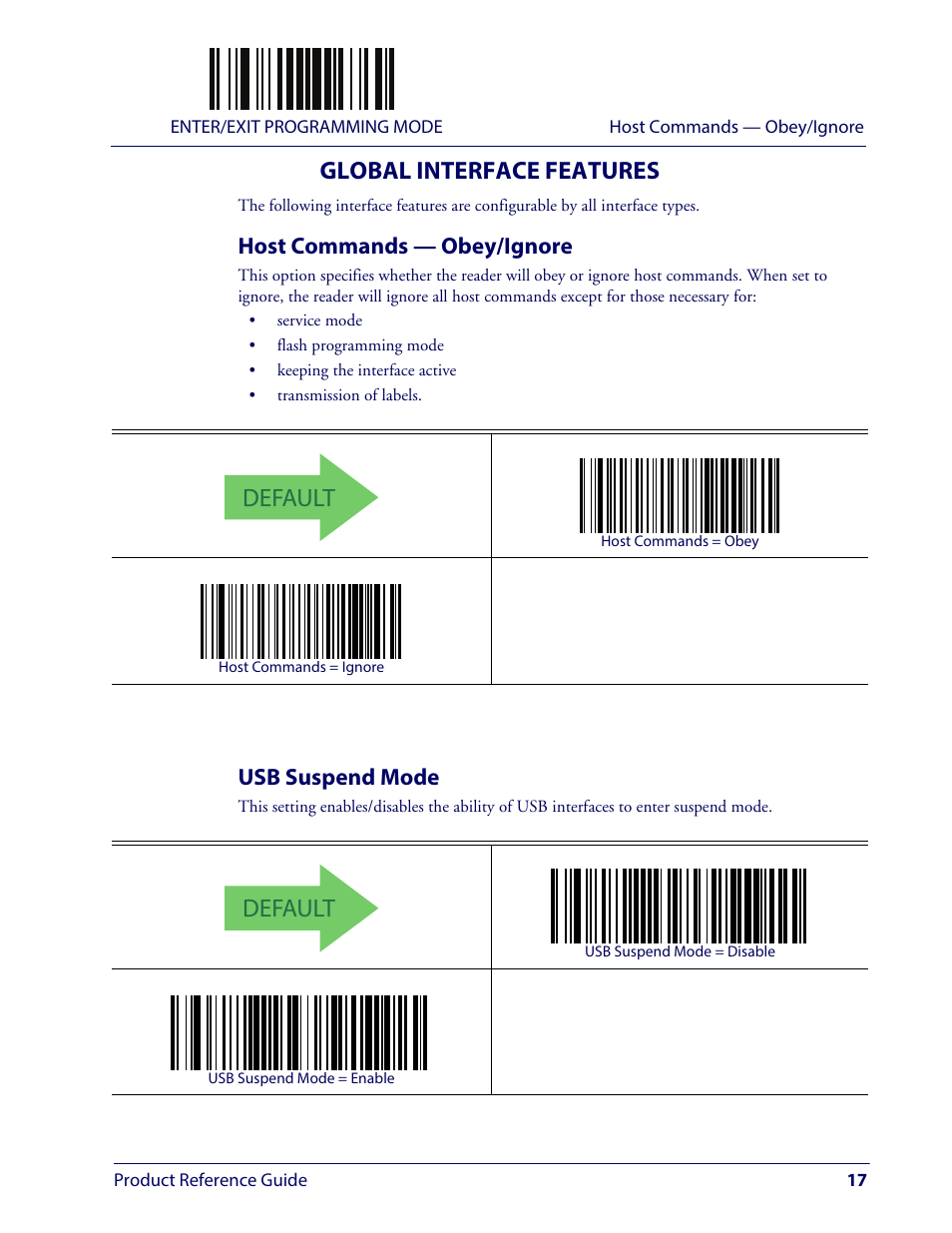 Global interface features, Host commands — obey/ignore, Usb suspend mode | Global interface features 17, Host commands — obey/ignore usb suspend mode, Default | Wasp Barcode WLS9600 Product Reference Guide User Manual | Page 27 / 306