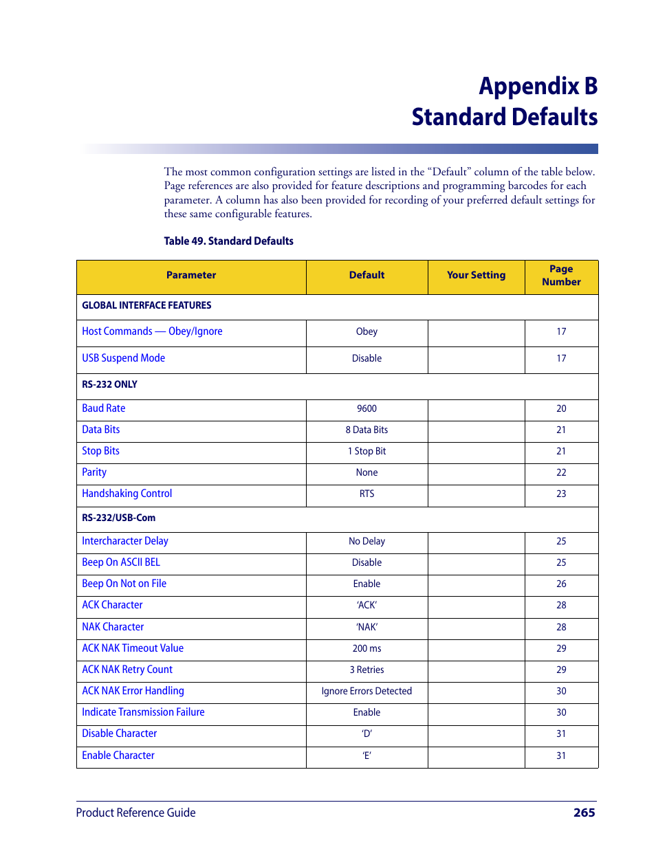 Standard defaults, Appendix b, standard defaults, References common factory defaul | Aces. reference, Appendix b standard defaults | Wasp Barcode WLS9600 Product Reference Guide User Manual | Page 275 / 306
