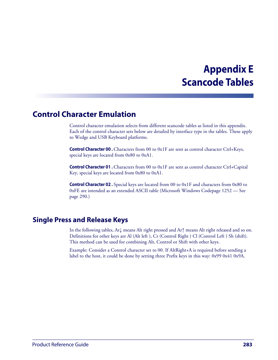Scancode tables, Control character emulation, Single press and release keys | Appendix e, scancode tables, Appendix e scancode tables | Wasp Barcode WLS9600 Product Reference Guide User Manual | Page 293 / 306