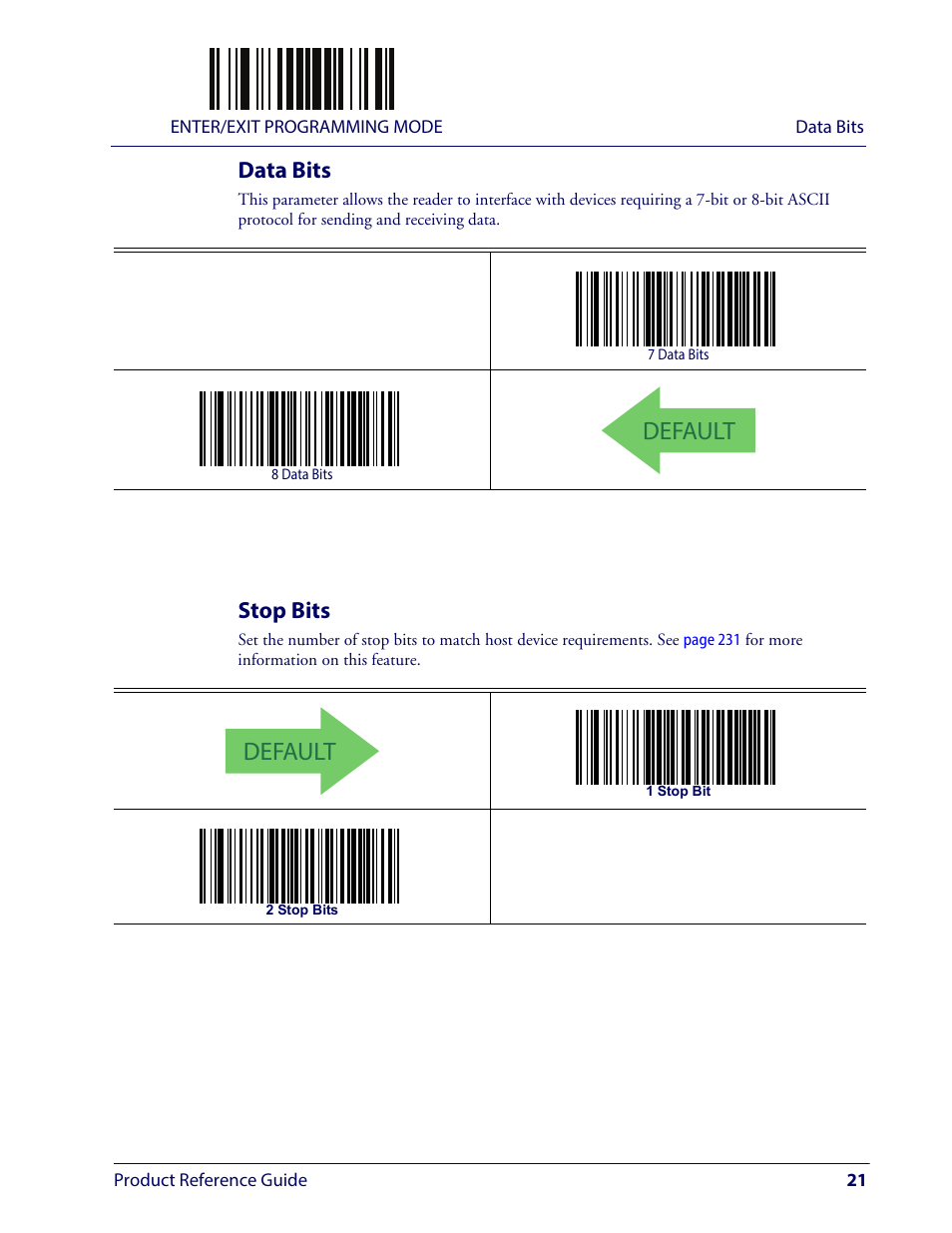 Data bits, Stop bits, Data bits stop bits | Default | Wasp Barcode WLS9600 Product Reference Guide User Manual | Page 31 / 306