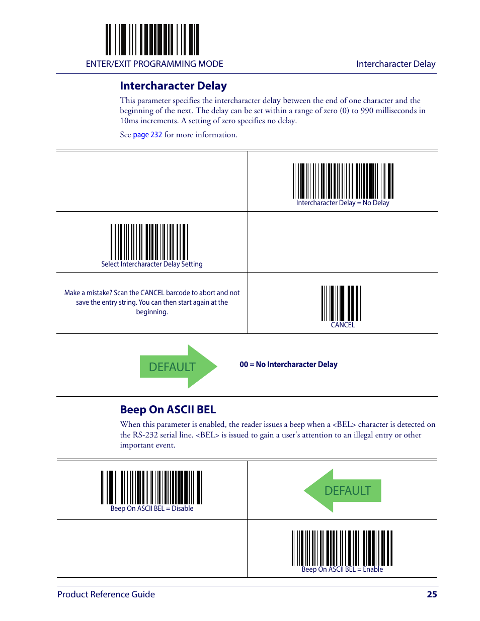 Intercharacter delay, Beep on ascii bel, Intercharacter delay beep on ascii bel | Ntercharacter, Elay, Ascii bel, Default | Wasp Barcode WLS9600 Product Reference Guide User Manual | Page 35 / 306