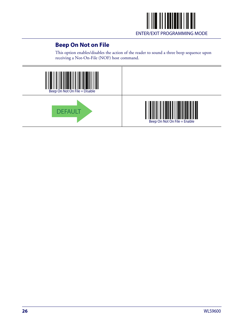 Beep on not on file, Default | Wasp Barcode WLS9600 Product Reference Guide User Manual | Page 36 / 306