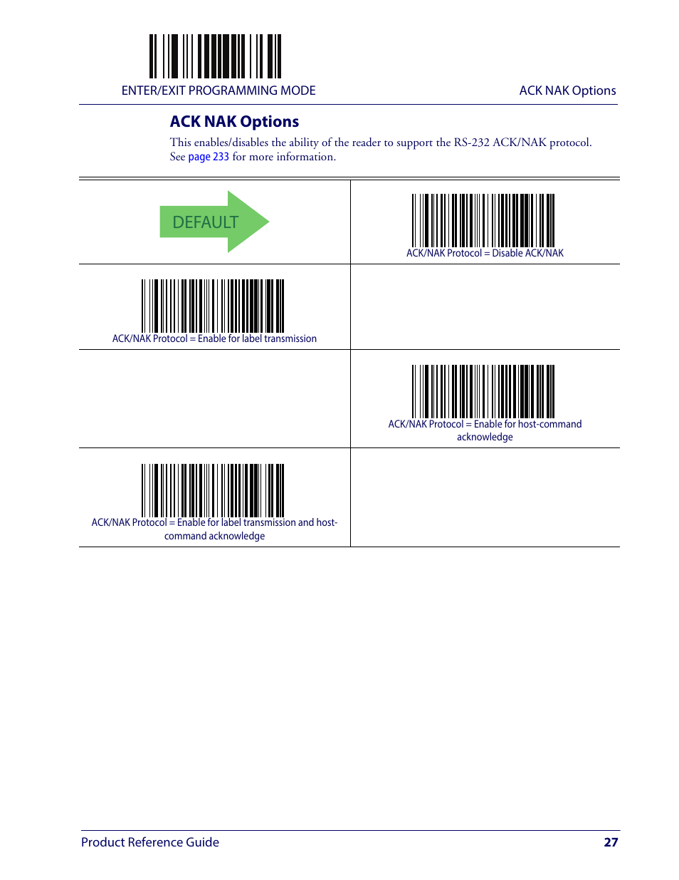 Ack nak options, Ack nak o, Ptions | Default | Wasp Barcode WLS9600 Product Reference Guide User Manual | Page 37 / 306