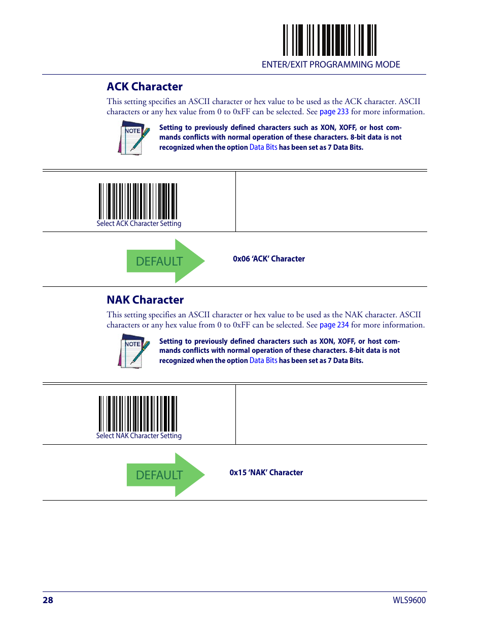 Ack character, Nak character, Ack character nak character | Ack c, Haracter, Nak c, Default | Wasp Barcode WLS9600 Product Reference Guide User Manual | Page 38 / 306