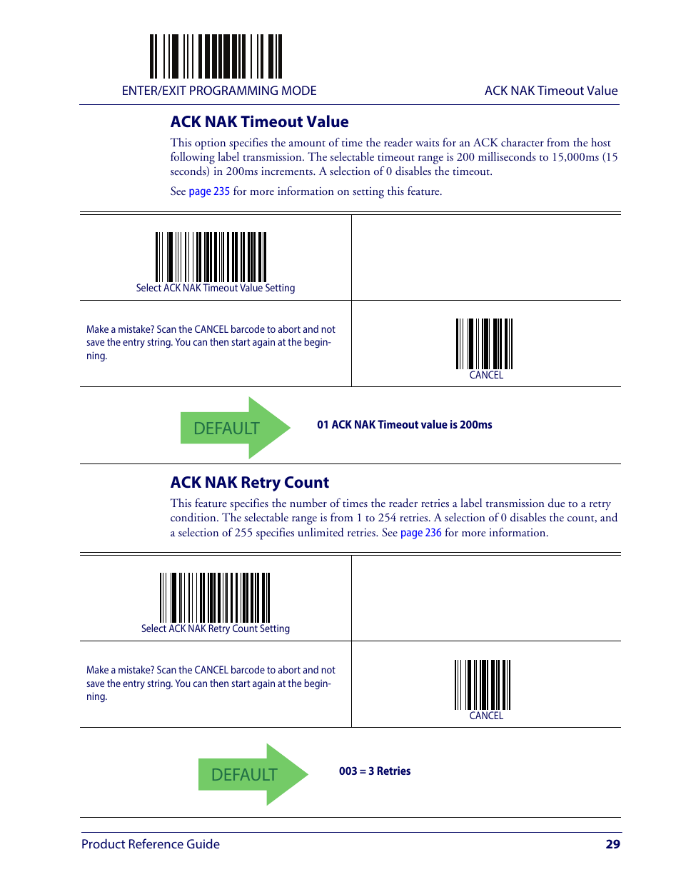 Ack nak timeout value, Ack nak retry count, Ack nak timeout value ack nak retry count | Ack nak t, Imeout, Alue, Ack nak r, Etry, Ount, Default | Wasp Barcode WLS9600 Product Reference Guide User Manual | Page 39 / 306