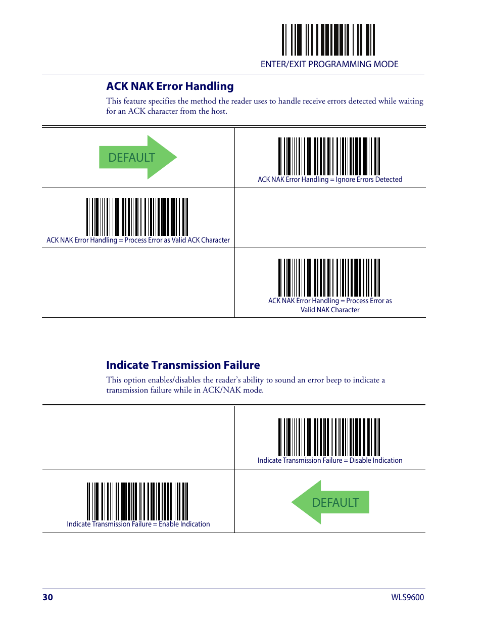 Ack nak error handling, Indicate transmission failure, Ack nak e | Rror, Andling, Ndicate, Ransmission, Ailure, Default | Wasp Barcode WLS9600 Product Reference Guide User Manual | Page 40 / 306