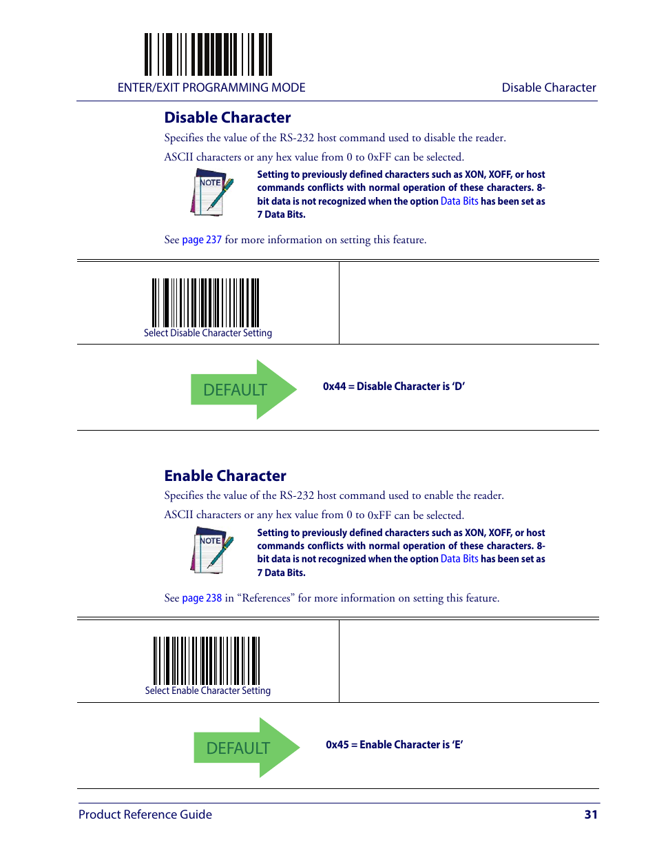 Disable character, Enable character, Disable character enable character | Isable, Haracter, Nable, Default | Wasp Barcode WLS9600 Product Reference Guide User Manual | Page 41 / 306