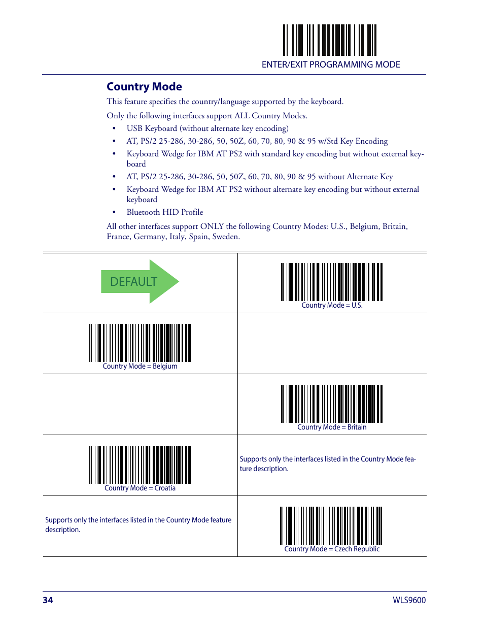 Country mode, Ountry, Default | Wasp Barcode WLS9600 Product Reference Guide User Manual | Page 44 / 306