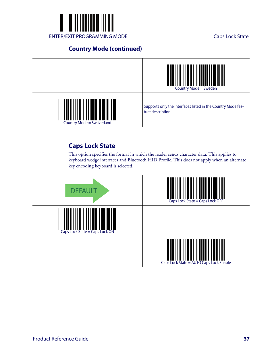 Caps lock state, Tate, Default | Wasp Barcode WLS9600 Product Reference Guide User Manual | Page 47 / 306