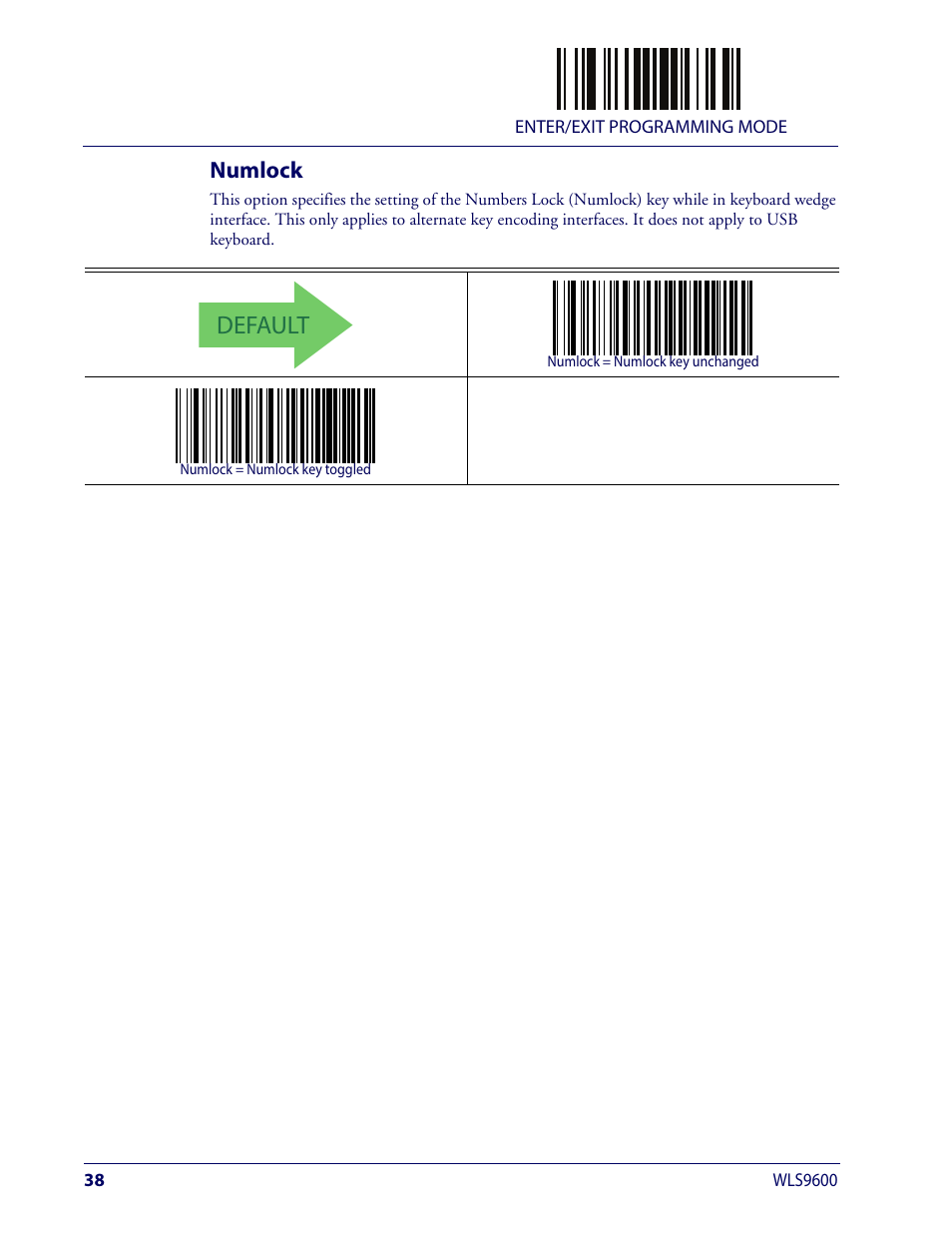 Numlock, Umlock, Default | Wasp Barcode WLS9600 Product Reference Guide User Manual | Page 48 / 306