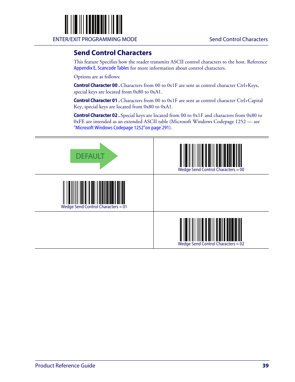 Send control characters, Ontrol, Haracters | Default | Wasp Barcode WLS9600 Product Reference Guide User Manual | Page 49 / 306