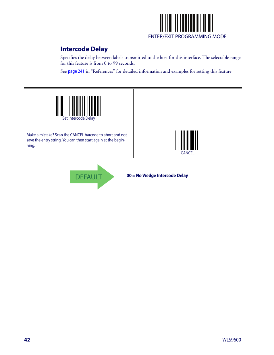 Intercode delay, Ntercode, Elay | Default | Wasp Barcode WLS9600 Product Reference Guide User Manual | Page 52 / 306