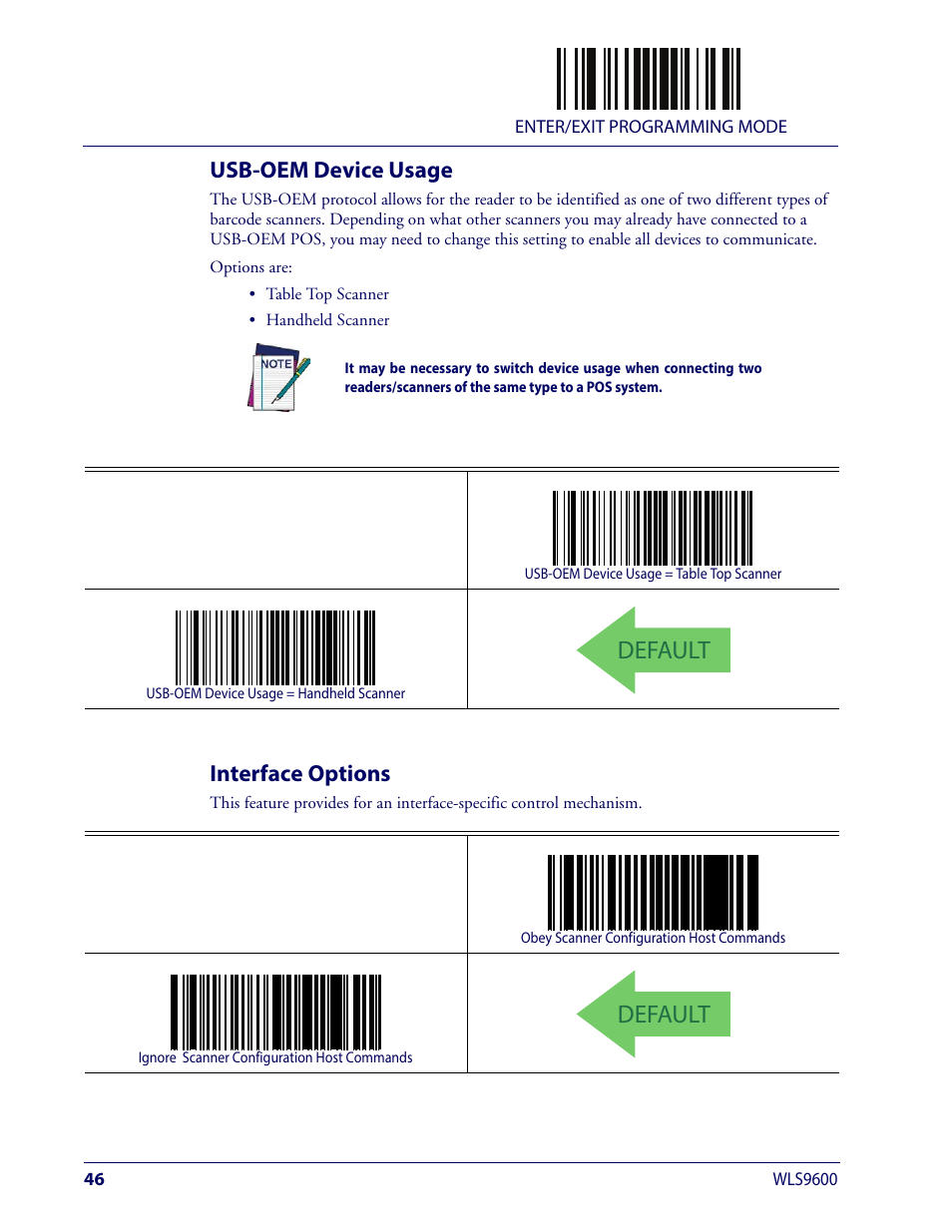 Usb-oem device usage, Interface options, Usb-oem device usage interface options | Usb-oem d, Evice, Sage, Nterface, Ptions, Default | Wasp Barcode WLS9600 Product Reference Guide User Manual | Page 56 / 306