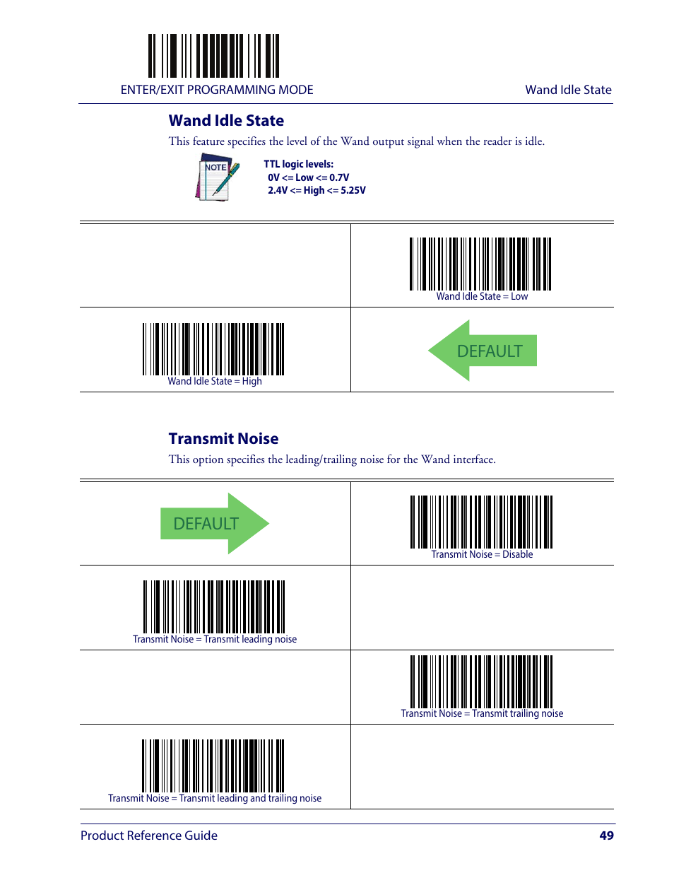 Wand idle state, Transmit noise, Wand idle state transmit noise | Tate, Ransmit, Oise, Default | Wasp Barcode WLS9600 Product Reference Guide User Manual | Page 59 / 306