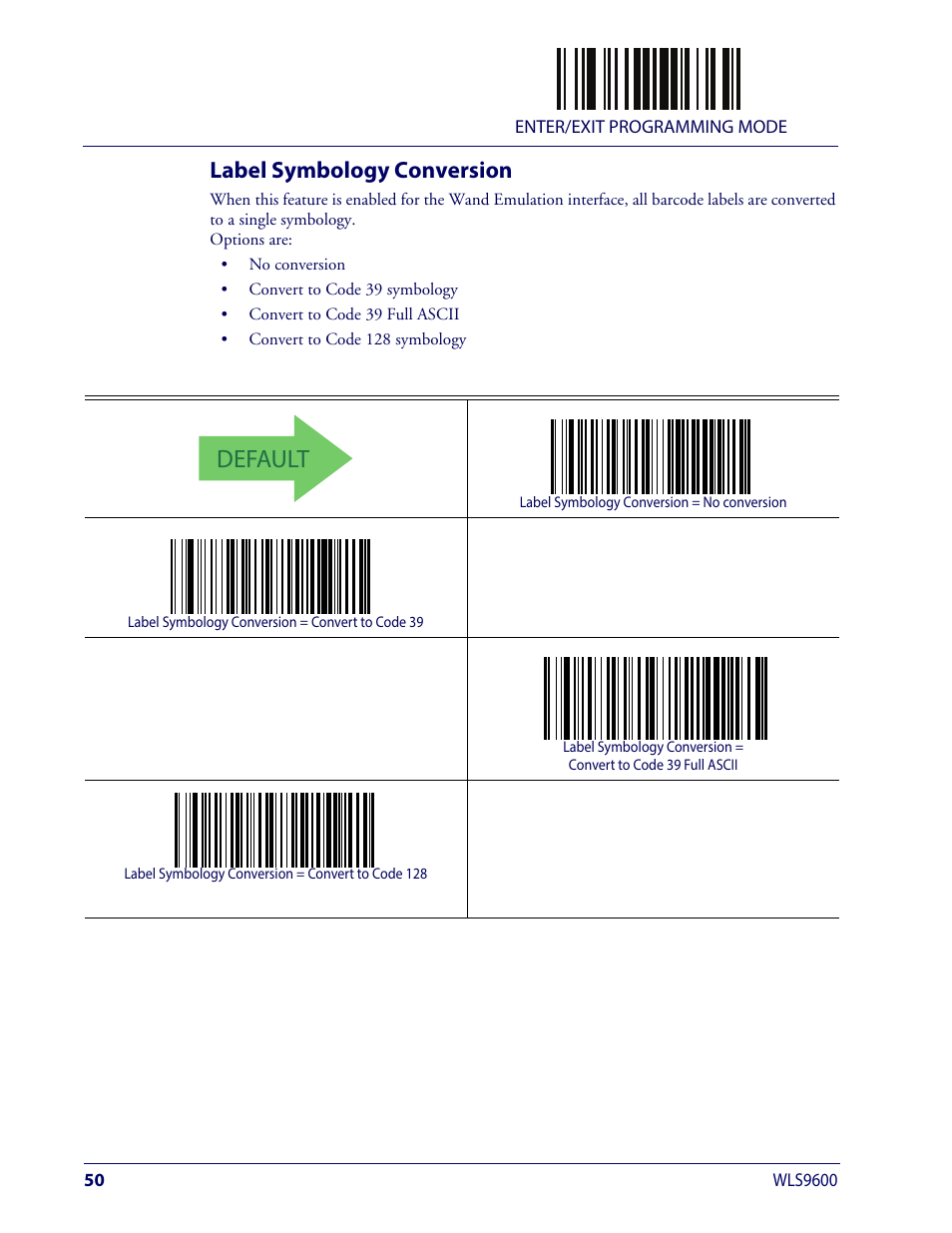 Label symbology conversion, Abel, Ymbology | Onversion, Default | Wasp Barcode WLS9600 Product Reference Guide User Manual | Page 60 / 306