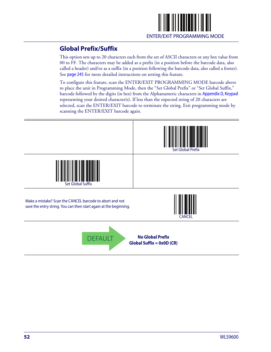 Global prefix/suffix, Lobal, Refix | Uffix, Default | Wasp Barcode WLS9600 Product Reference Guide User Manual | Page 62 / 306