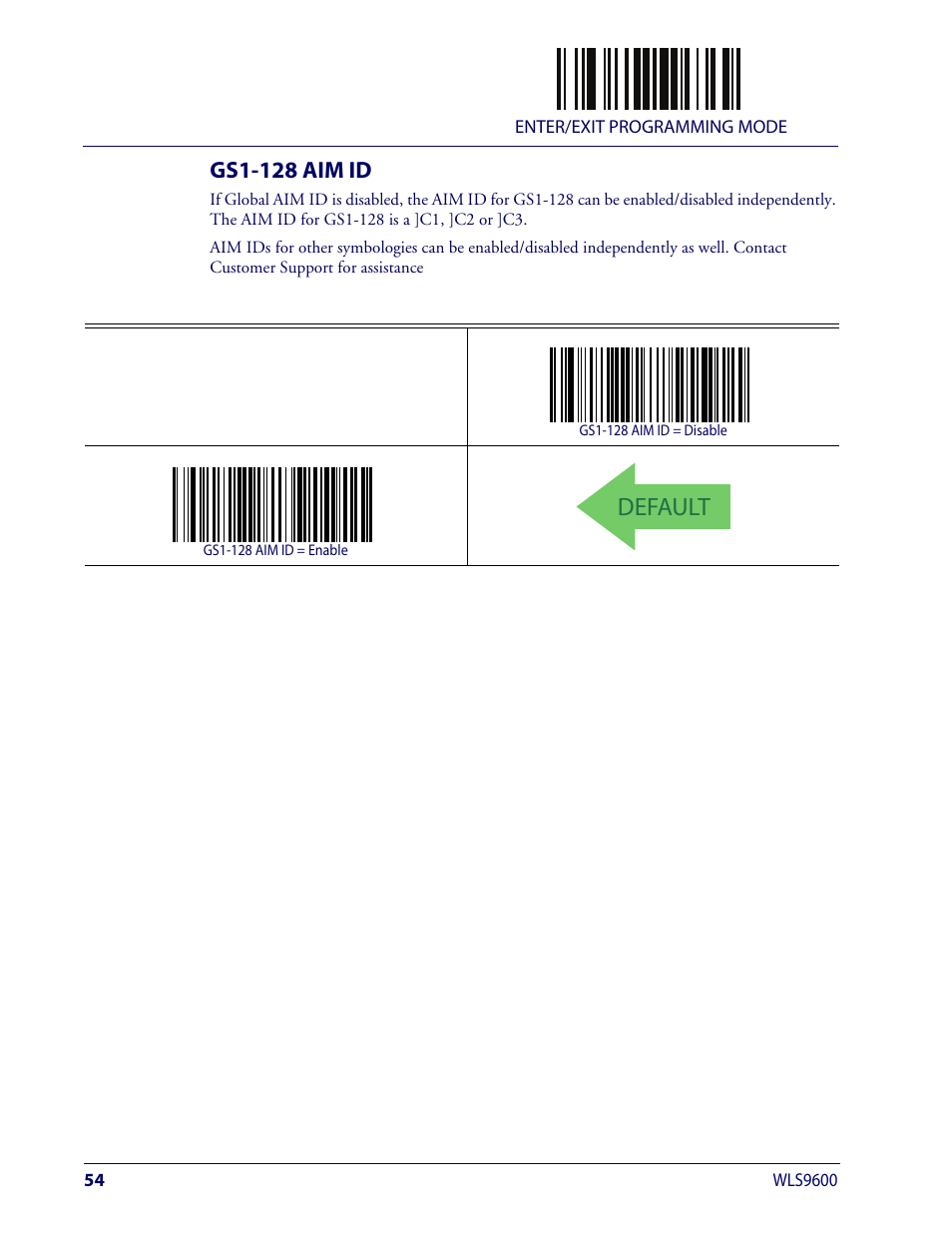 Gs1-128 aim id, Default | Wasp Barcode WLS9600 Product Reference Guide User Manual | Page 64 / 306