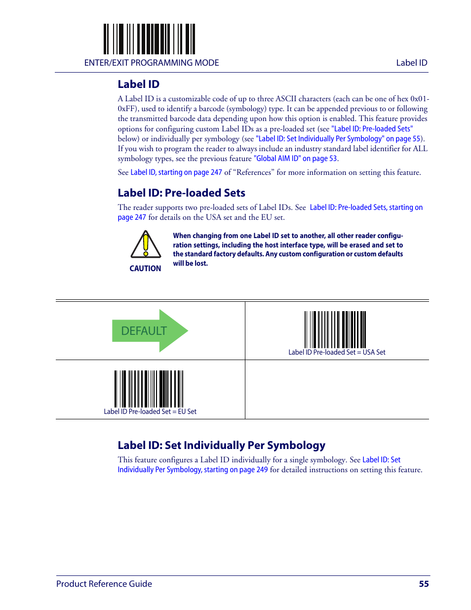 Label id, Label id: pre-loaded sets, Label id: set individually per symbology | Abel, Default | Wasp Barcode WLS9600 Product Reference Guide User Manual | Page 65 / 306