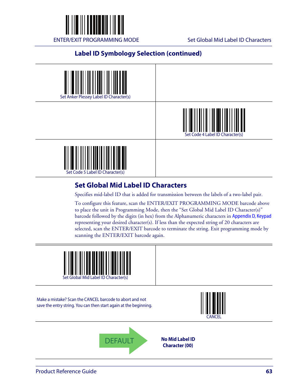 Set global mid label id characters, Default, Label id symbology selection (continued) | Wasp Barcode WLS9600 Product Reference Guide User Manual | Page 73 / 306