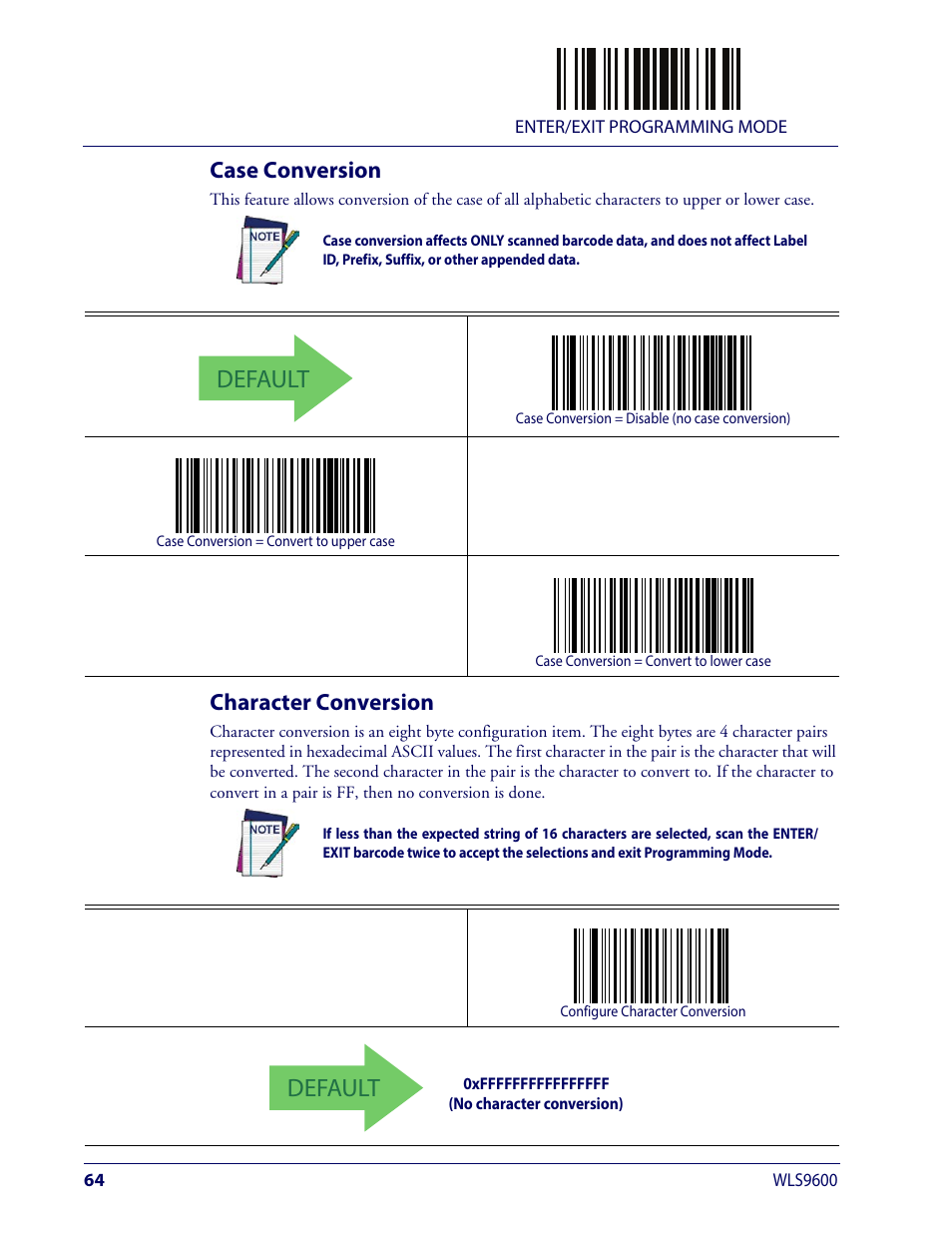 Case conversion, Character conversion, Case conversion character conversion | Onversion, Haracter, Default | Wasp Barcode WLS9600 Product Reference Guide User Manual | Page 74 / 306