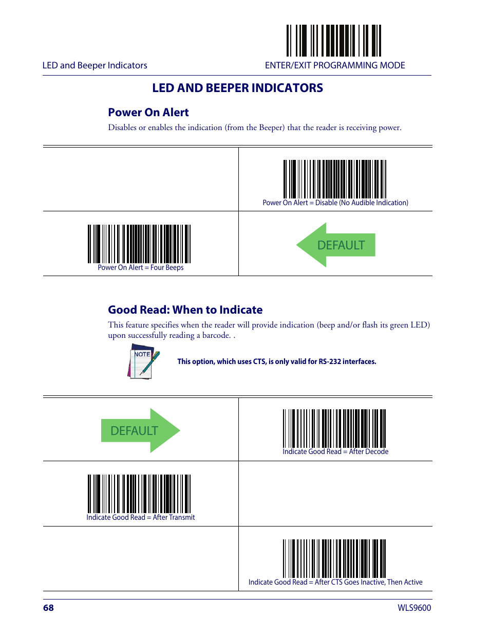 Led and beeper indicators, Power on alert, Good read: when to indicate | Power on alert good read: when to indicate, Ower, Lert, Ndicate, Default | Wasp Barcode WLS9600 Product Reference Guide User Manual | Page 78 / 306