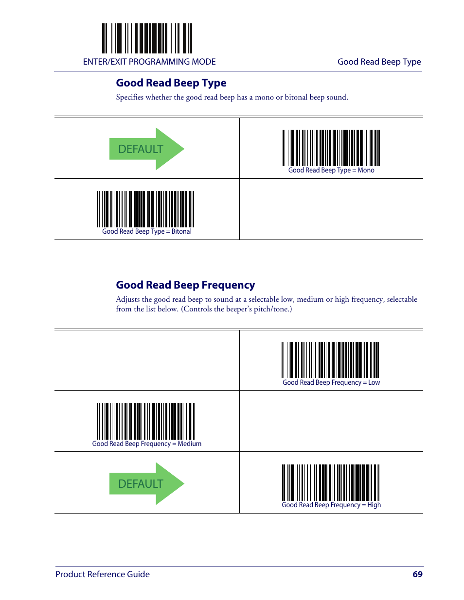 Good read beep type, Good read beep frequency, Good read beep type good read beep frequency | Requency, Default | Wasp Barcode WLS9600 Product Reference Guide User Manual | Page 79 / 306