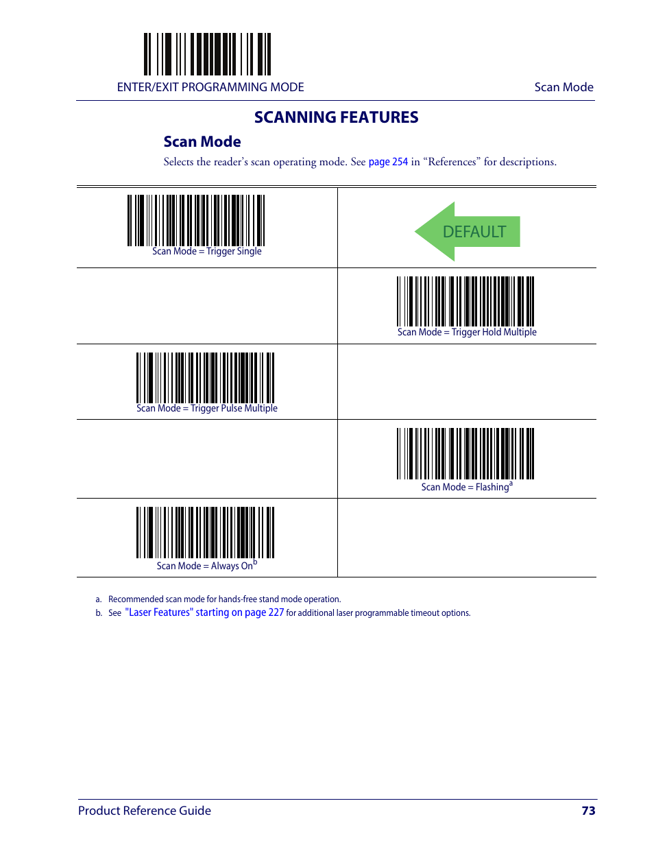 Scanning features, Scan mode, Default | Wasp Barcode WLS9600 Product Reference Guide User Manual | Page 83 / 306