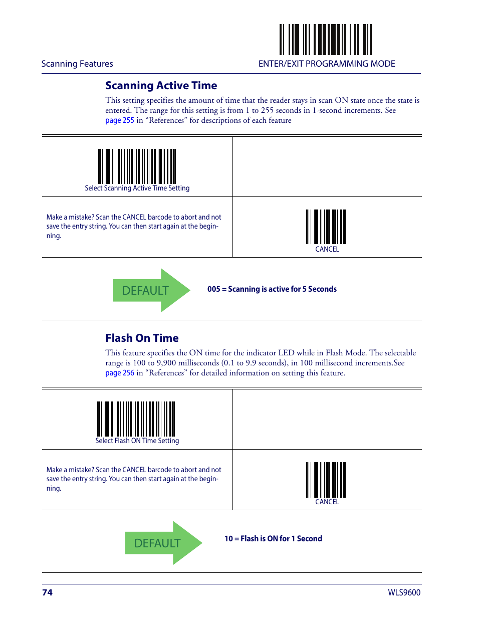 Scanning active time, Flash on time, Scanning active time flash on time | Canning, Ctive, Lash, Default | Wasp Barcode WLS9600 Product Reference Guide User Manual | Page 84 / 306